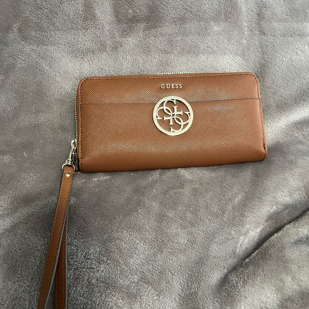 GUESS Tan Wristlet Wallet with Gold Logo